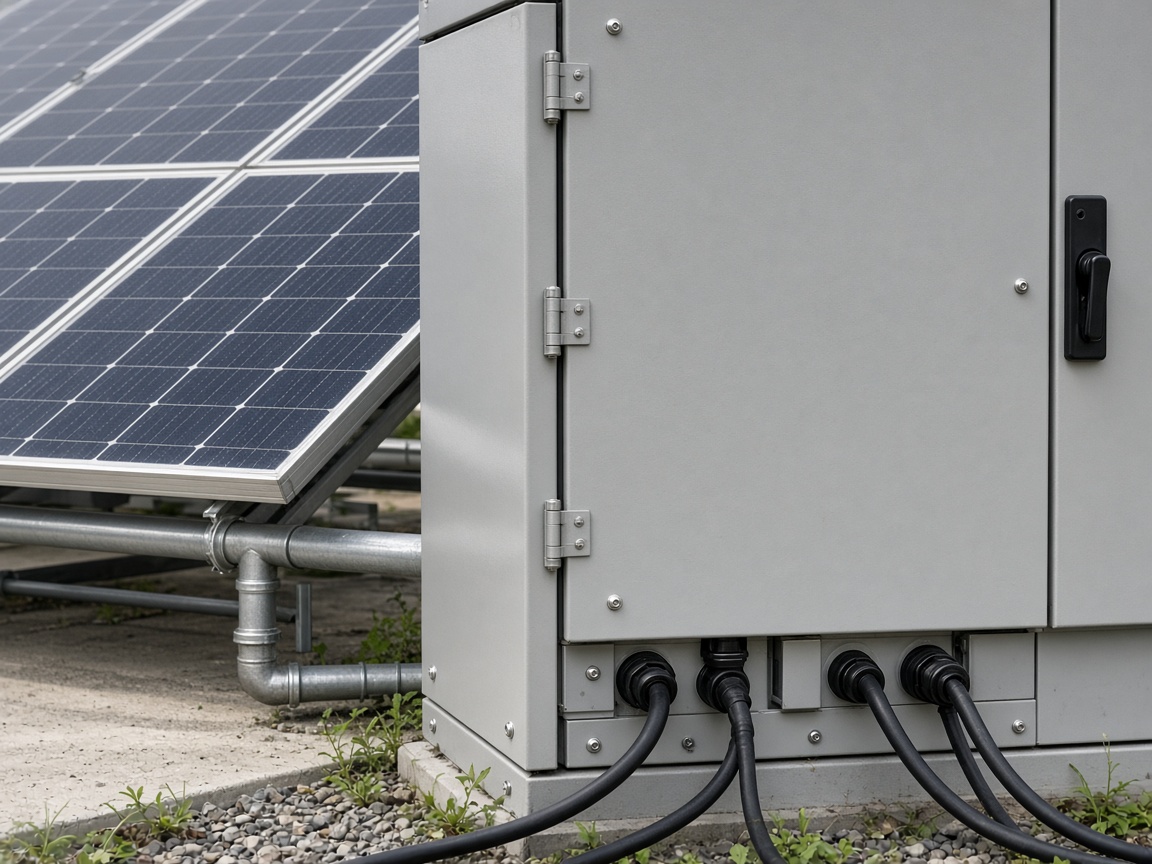 Szara szafa elektryczna z czarnymi kablami, obok fragment paneli